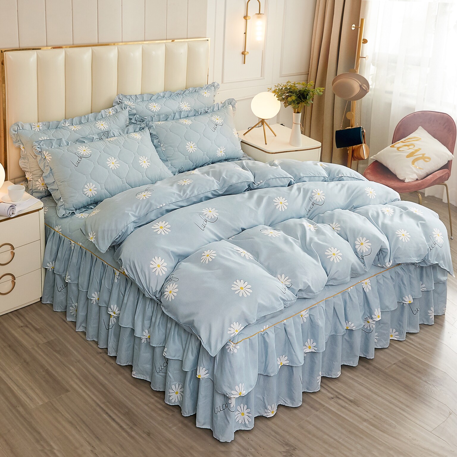 夹棉床裙四件套全棉加厚床罩床单被套纯棉韩版床套保暖公主风床品