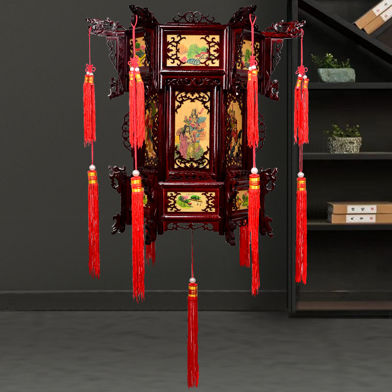 宫灯贝晗山水画实木木质羊皮茶楼仿古工程酒店灯笼