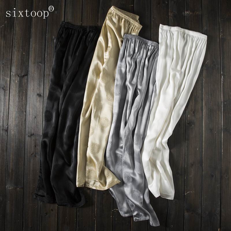 six toop夏季桑蚕丝裤子男士中老年中国风宽松休闲真丝长裤子3125
