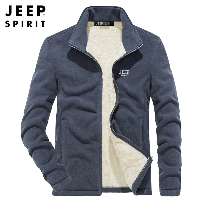 吉普中老年抓绒外套男加厚摇粒绒秋冬季立领开衫男士休闲加绒卫衣
