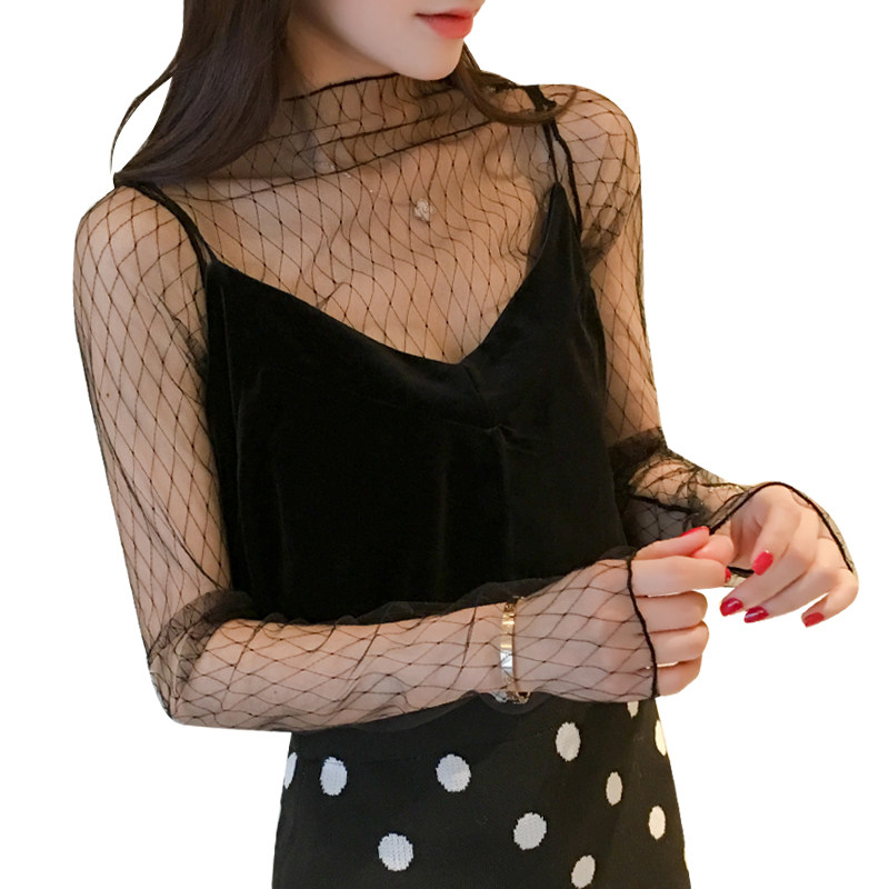 黑色性感网纱上衣内搭蕾丝打底衫女长袖镂空百搭显瘦半高领喇叭袖