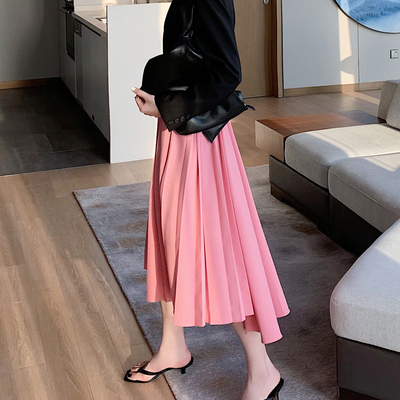 2020夏季新款女装高腰a字伞裙显瘦百褶裙不对称粉色中长款半身裙