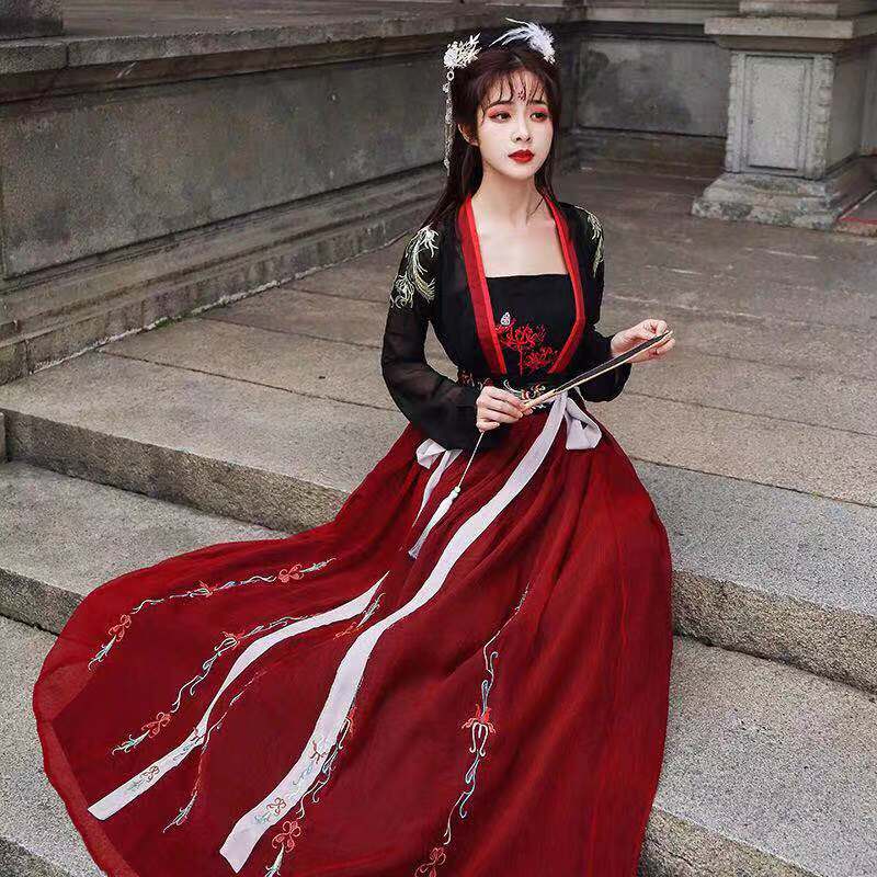 彼岸花汉服女日常可穿中国风原创汉元素红黑色对襟齐腰襦裙流仙裙