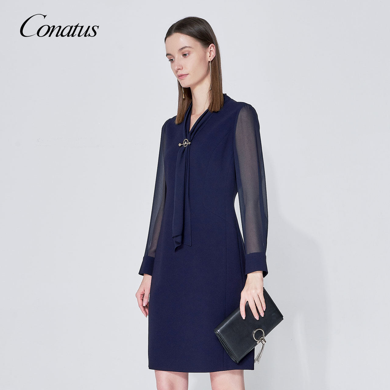 conatus珂尼蒂思女装春季新款简约修身气质藏蓝连衣裙