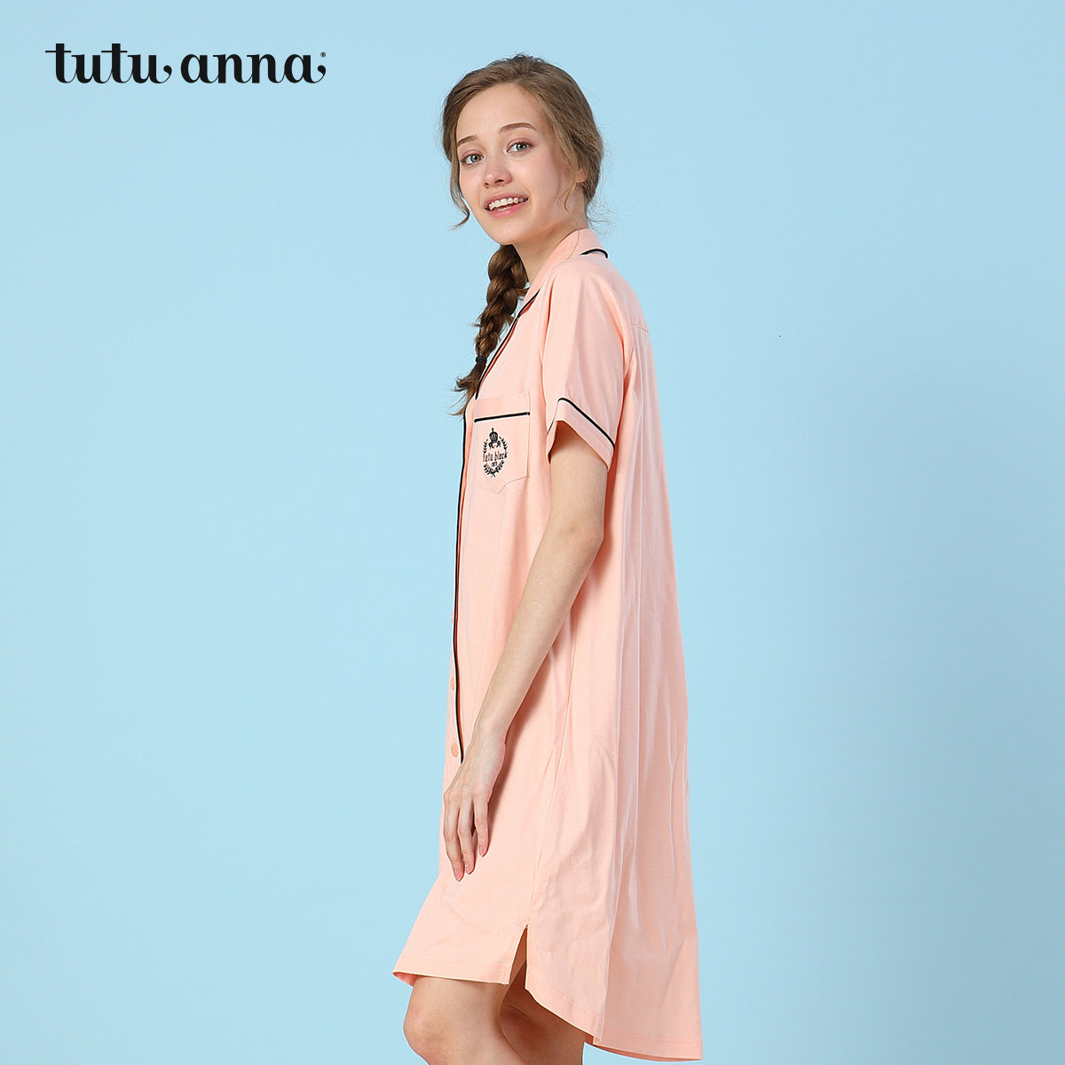 tutuanna睡裙夏季日式纯色翻领领前开扣可外连衣裙睡裙