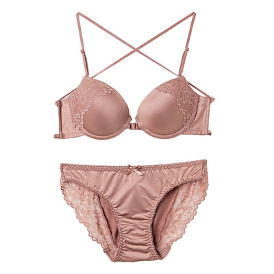 韩国品牌新款la内衣女薄款蕾丝美背性感豹纹细带前扣聚拢文胸套装