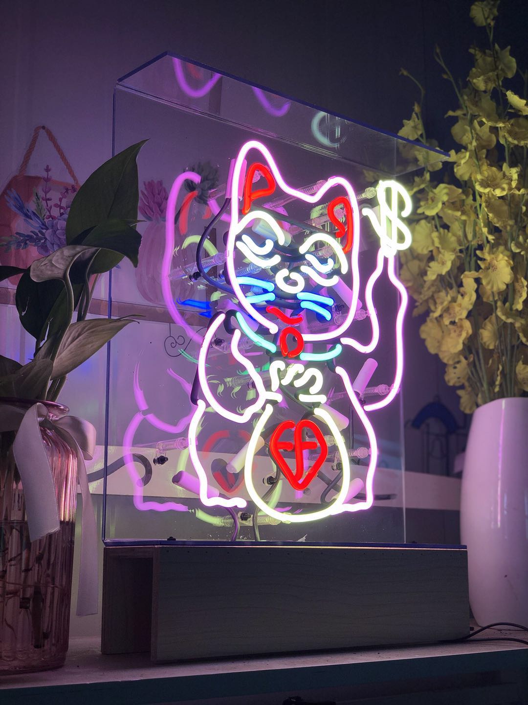 创意luckycat招财摆件霓虹灯led店铺开业风水摆设招财猫