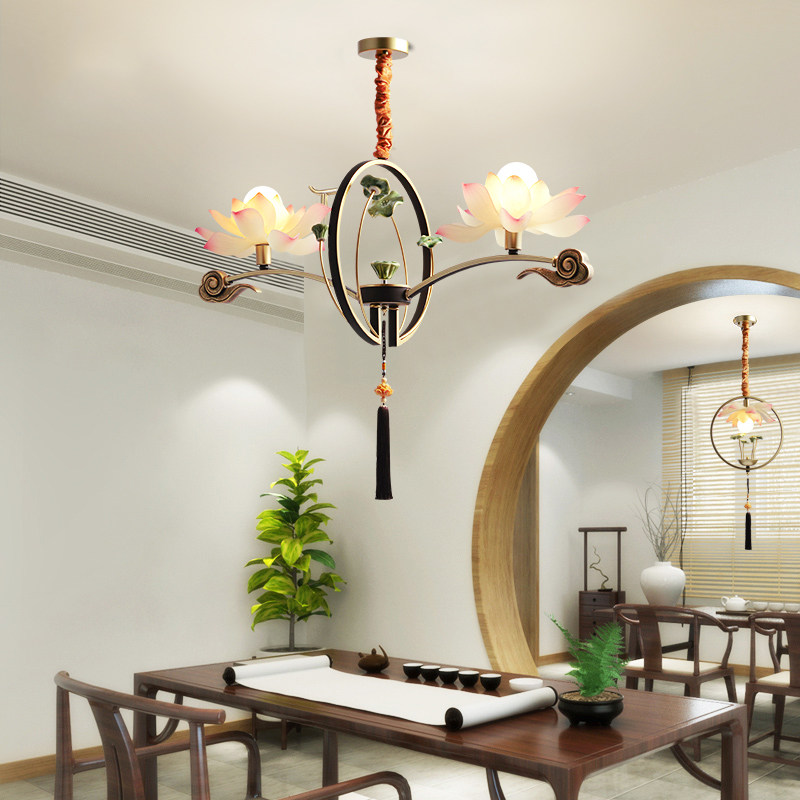 新中式餐厅茶室荷花灯莲花吊灯客厅灯中国风仿古复古禅意古风灯具