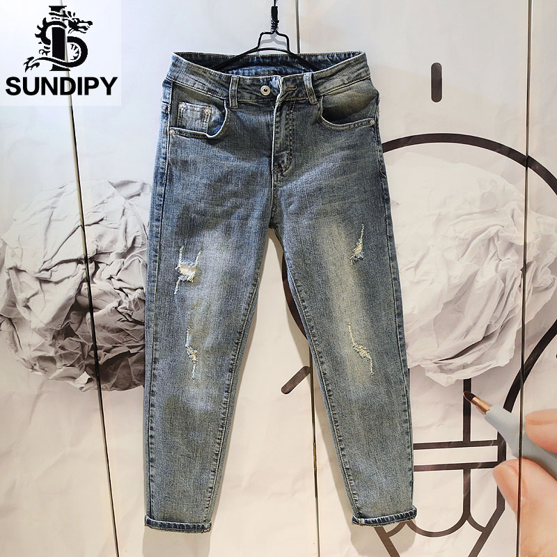复古潮流修身暖男士9九分牛仔裤子水洗破洞做旧显瘦小脚韩版穿搭