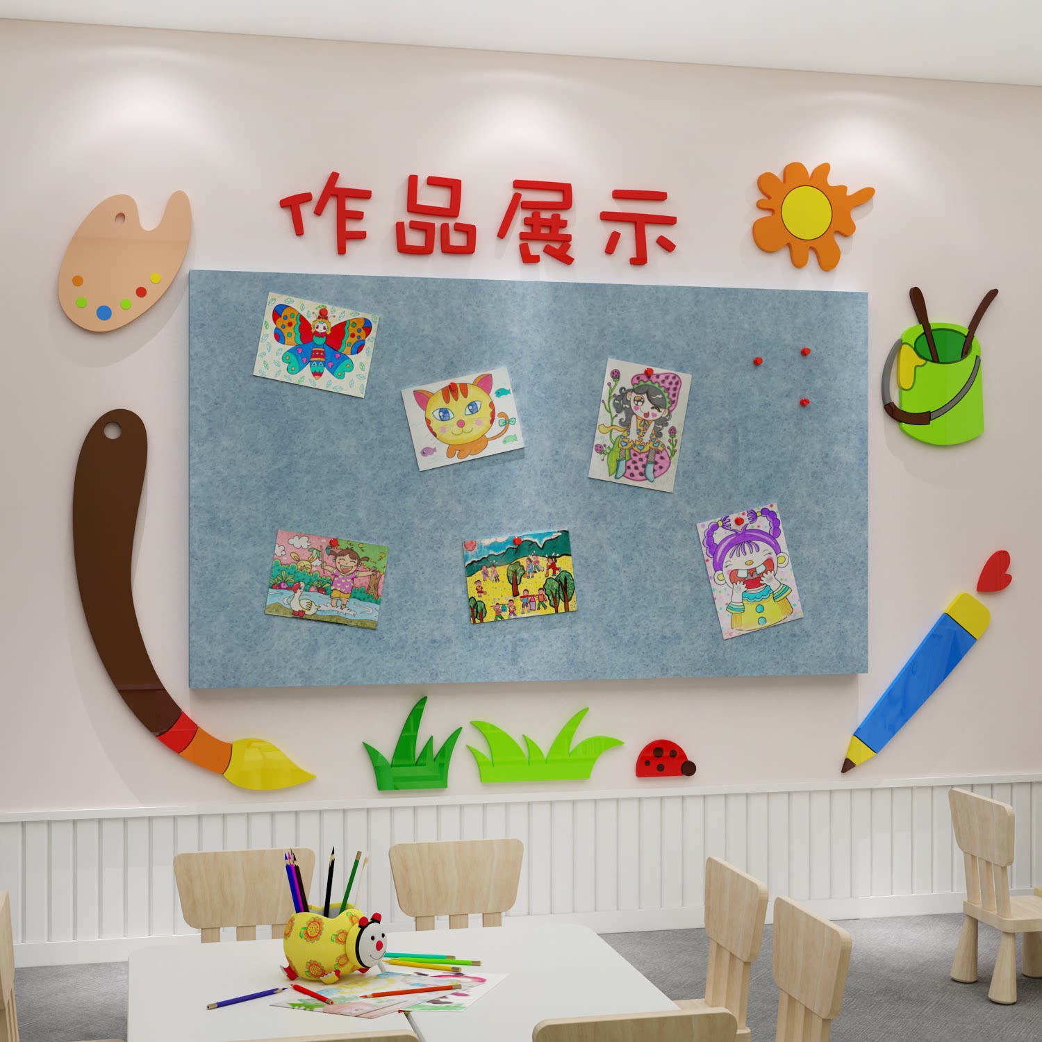 毛毡作品展示美术教室布置画廊创意文化辅导班培训机构软装墙贴