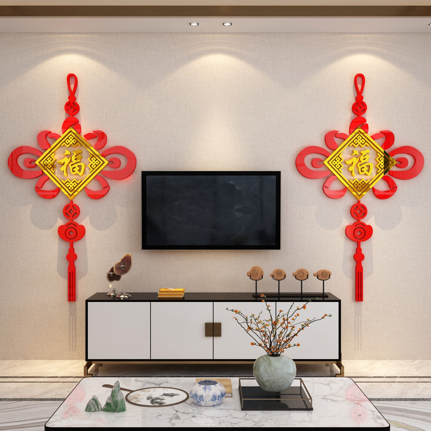 中国结电视装饰品挂件背景面纸画自粘过新年布置软装墙贴