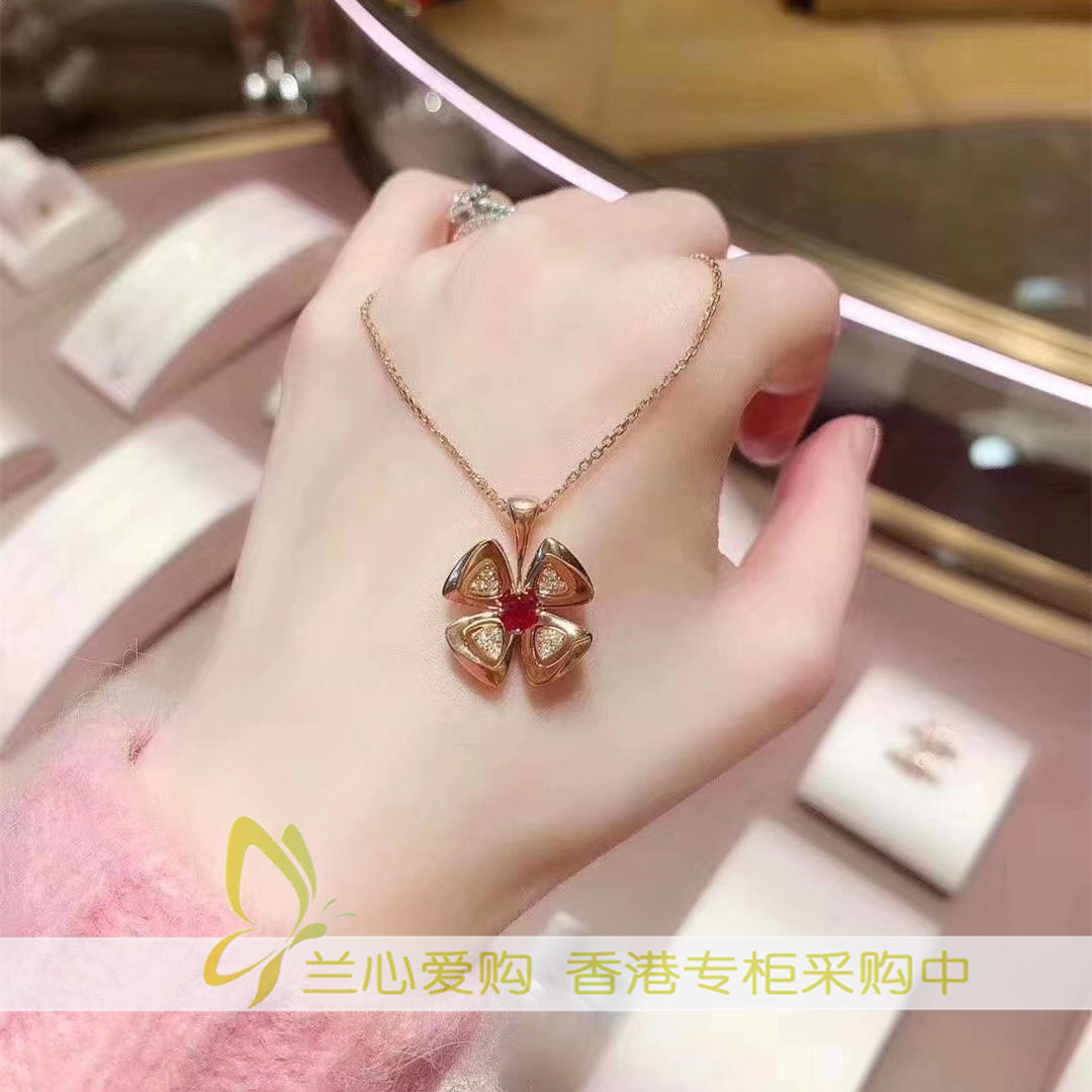香港代购bvlgari宝格丽红宝石四叶草项链满钻吊坠fiorever项链