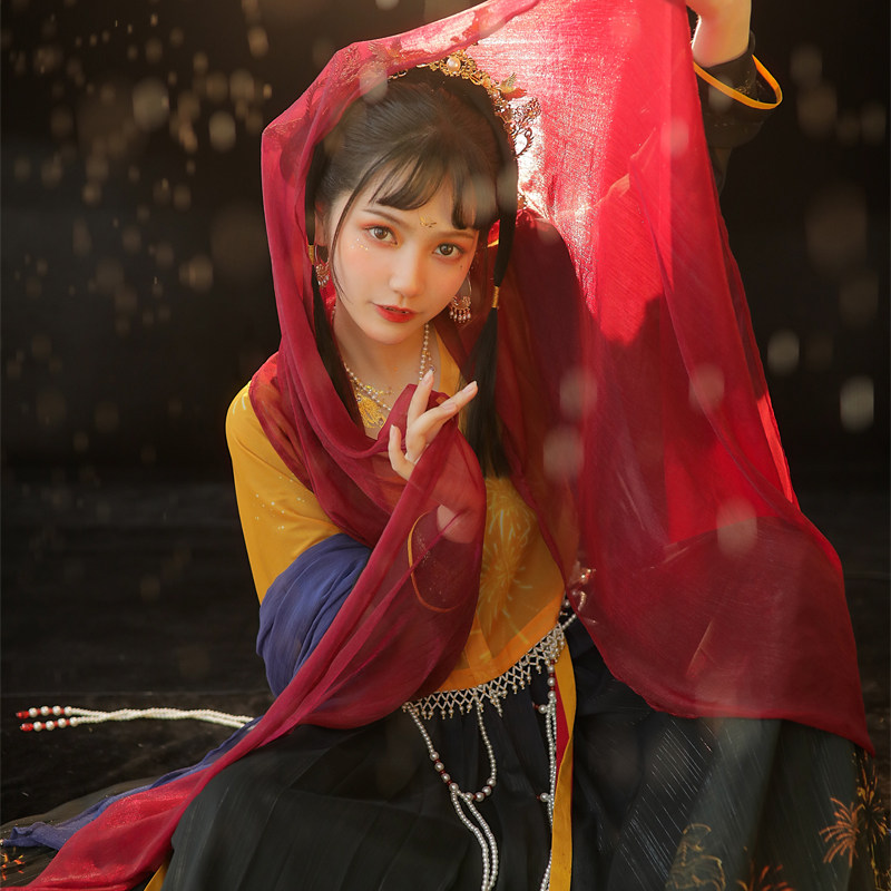 oneself 女装 游弋星云 原创唐制坦领钉珠半臂汉服齐腰襦裙敦煌夏