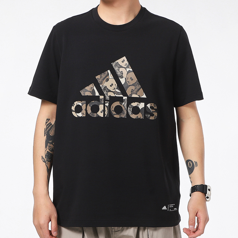阿迪达斯短袖男2022夏季新款运动上衣熊猫印花纯棉黑色T恤GP1849