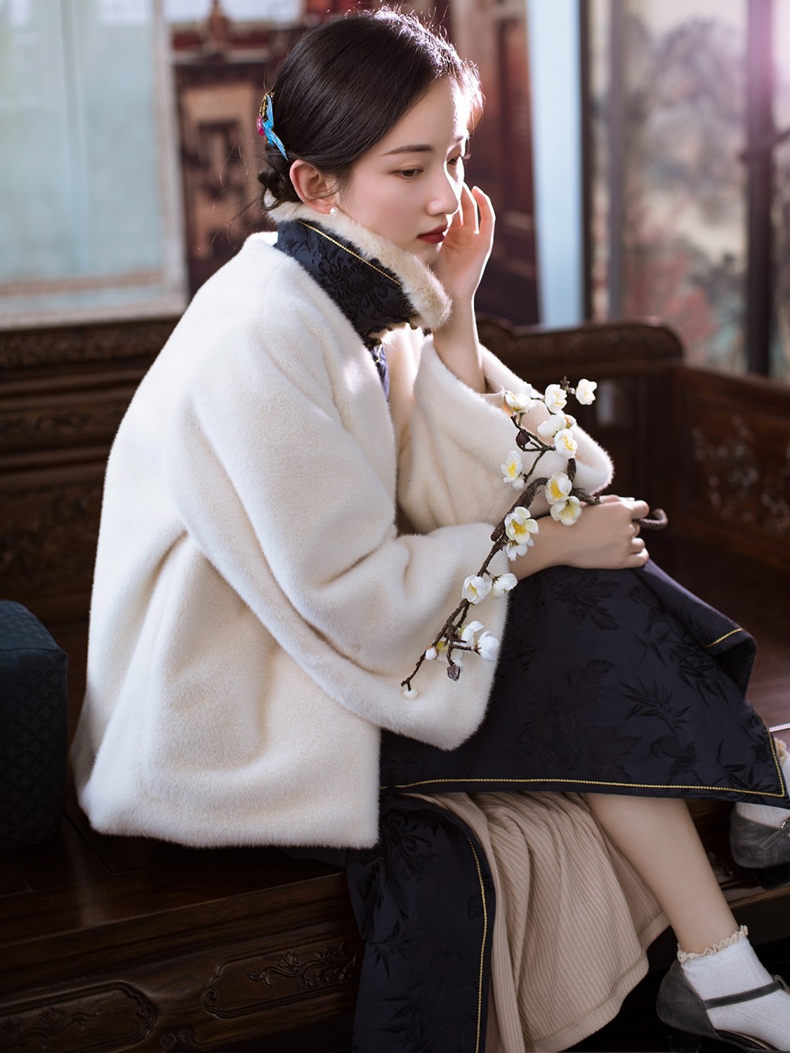 梦芸短上衣皮草仿真年轻保暖舒适国风民国复古皮草