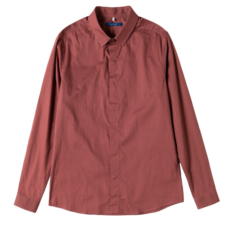 自制气质豆沙色100%棉修身长袖衬衫男装日系简约百搭减龄纯色衬衣