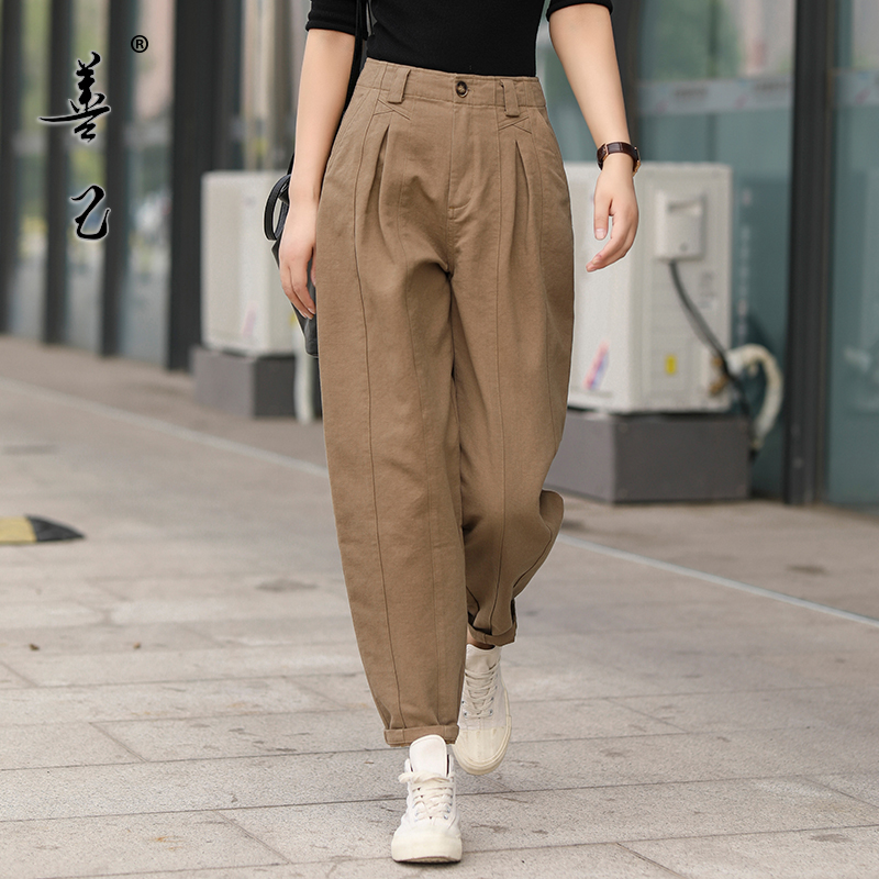 善己2022秋夏大码宽松休闲裤女高腰显瘦廓形工装风小脚老爹裤百搭
