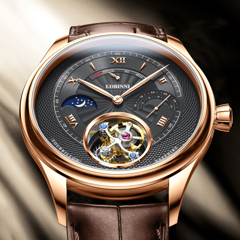 罗宾尼真陀飞轮机械表名牌男士手表品牌正品防水超薄男表镂空皮带
