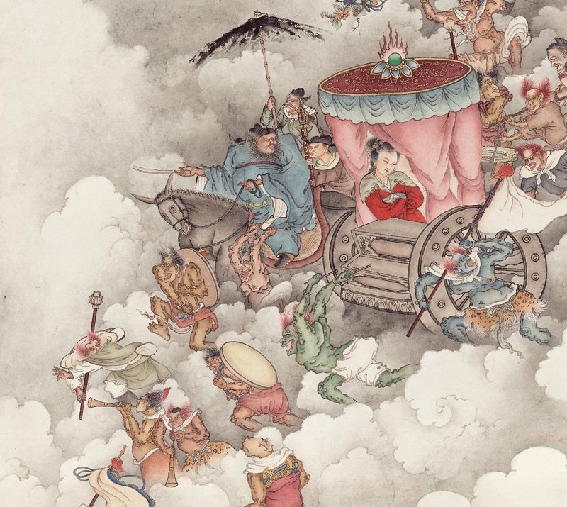 夏荆山钟馗嫁妹图高清微古代国画复制品工笔道教国画