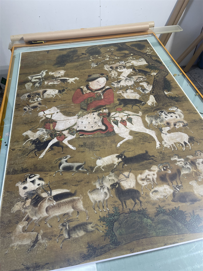 宋画苏汉臣开泰孩童山羊工笔画名家真迹竖幅微喷国画