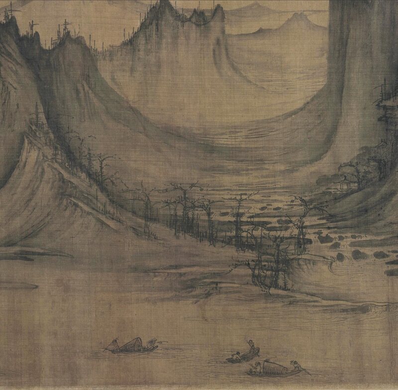 北宋许道宁渔舟唱晚秋江渔艇图宋画山水画长卷高清绢布国画