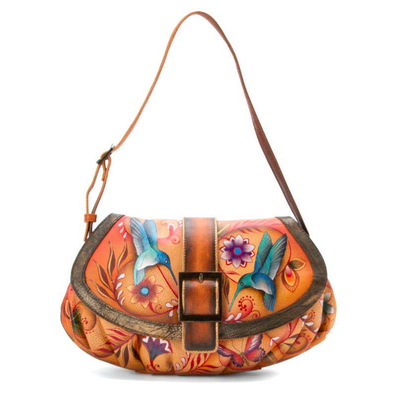 美国直邮440183 anuschka女包小号单肩包手绘植物花卉皮包马鞍包