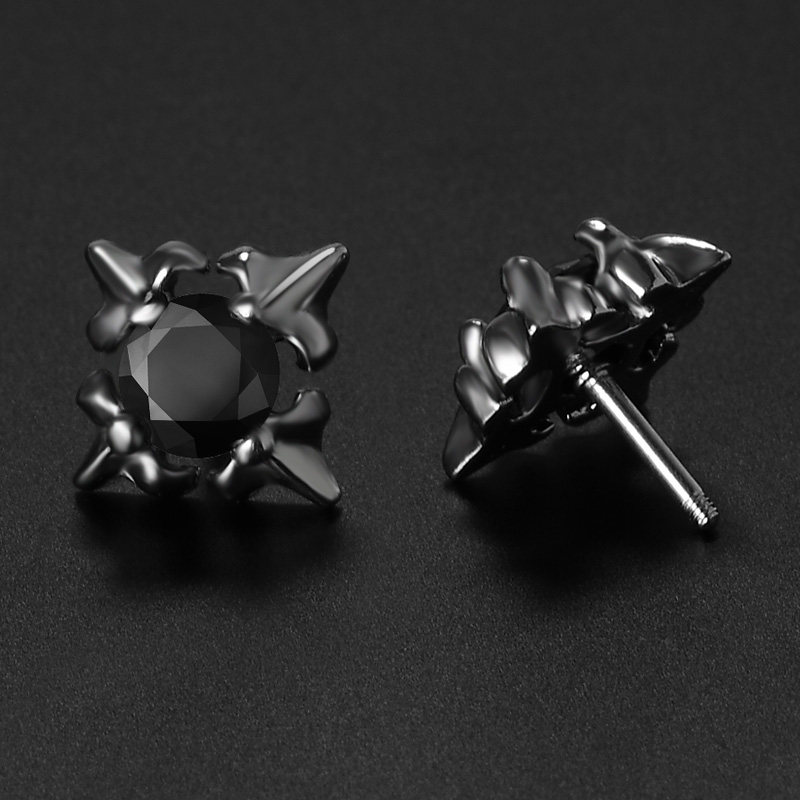 简约潮牌耳钉黑色锆石圆形冷淡风耳夹酷暗黑耳钉