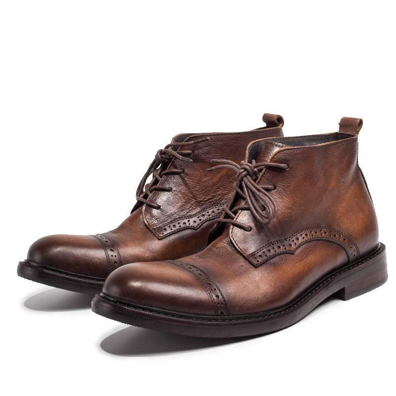 休闲欧美复古古高皮鞋男圆头系带真皮做旧英伦高帮鞋