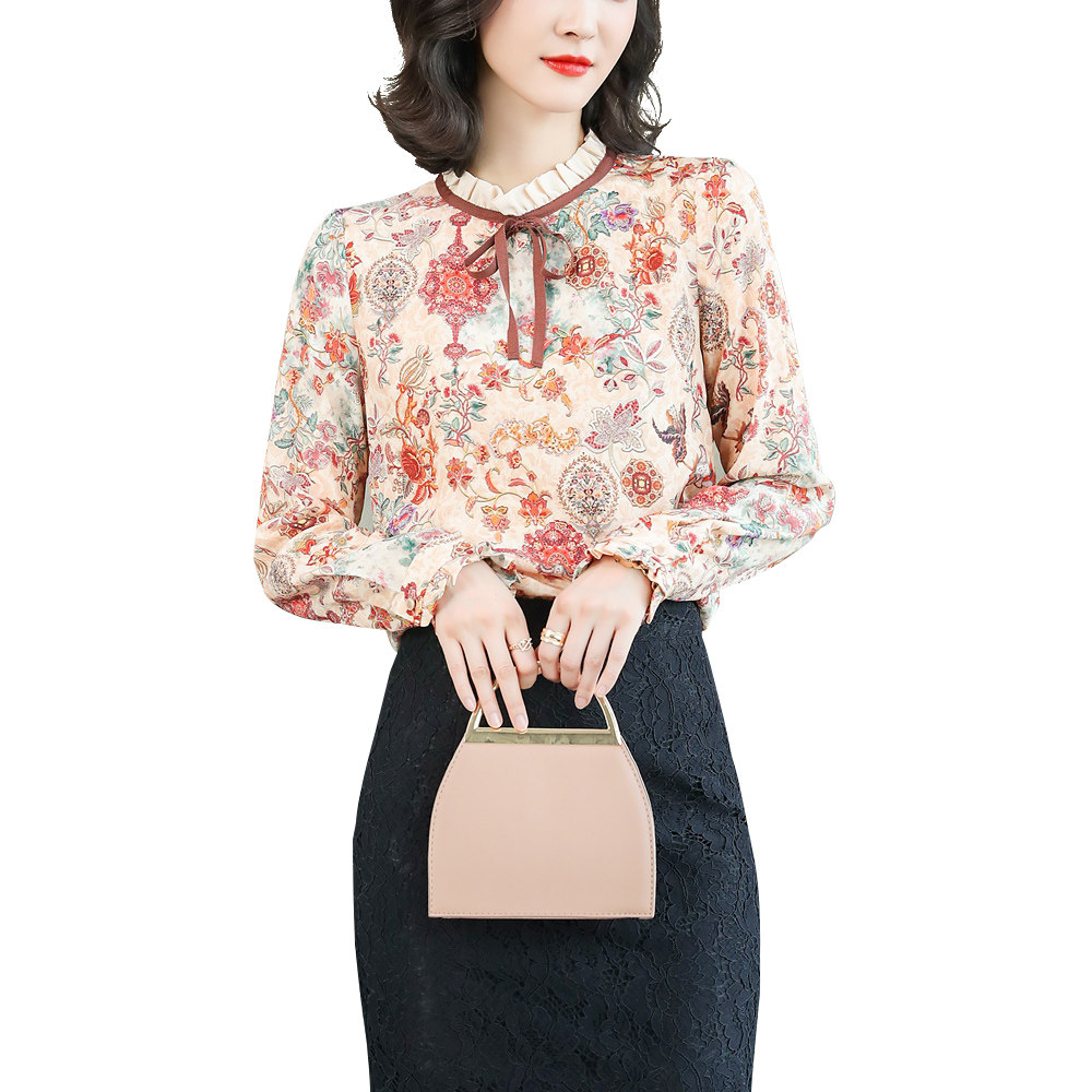 真丝衬衫女长袖2020春季新款杭州时尚女装系带复古印花桑蚕丝上衣