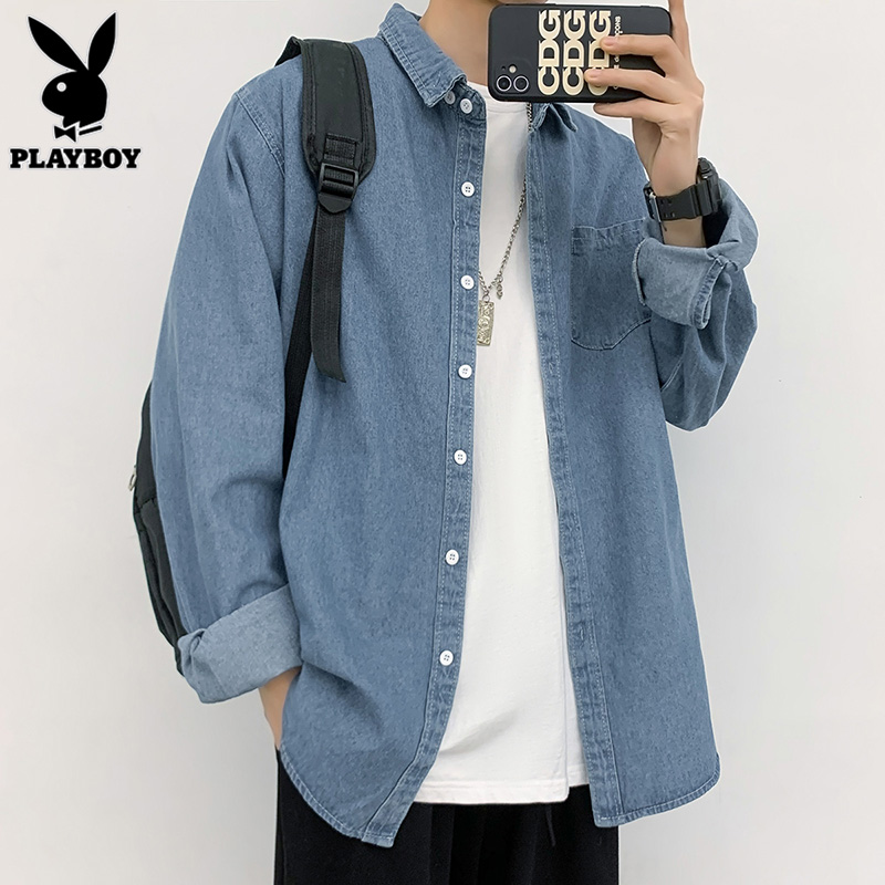 花花公子牛仔衬衫男士衬衣长袖休闲帅气男装夏季宽松深蓝外套春秋