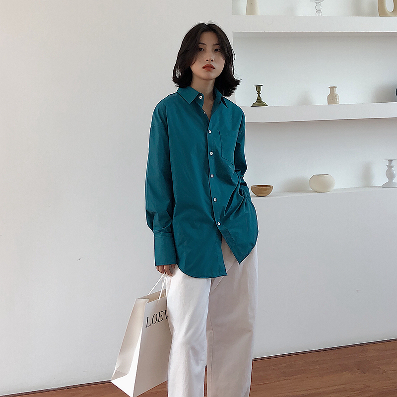 2021新款春季经典百搭慵懒风休闲衬衫女简约港味宽松显瘦开衫上衣 - 图1