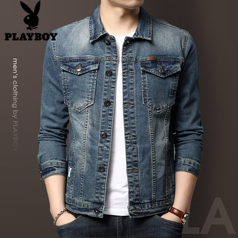 花花公子男士牛仔外套潮牌欧美街头上衣2021秋冬装潮加绒宽松夹克
