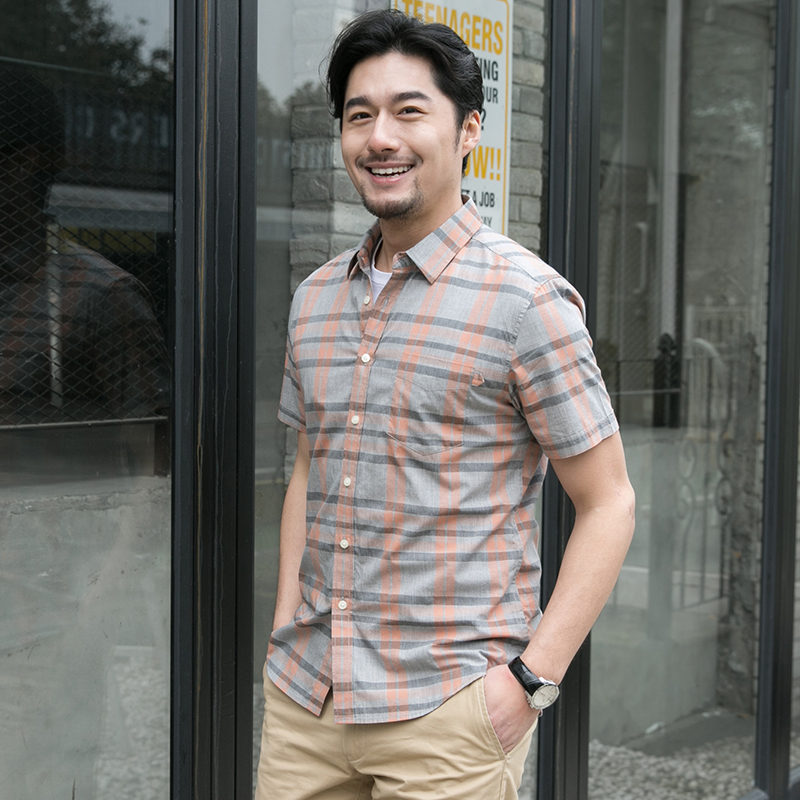 格慕施薄款格子短袖衬衫男士青年大码宽松商务休闲寸衫纯棉衬衣男