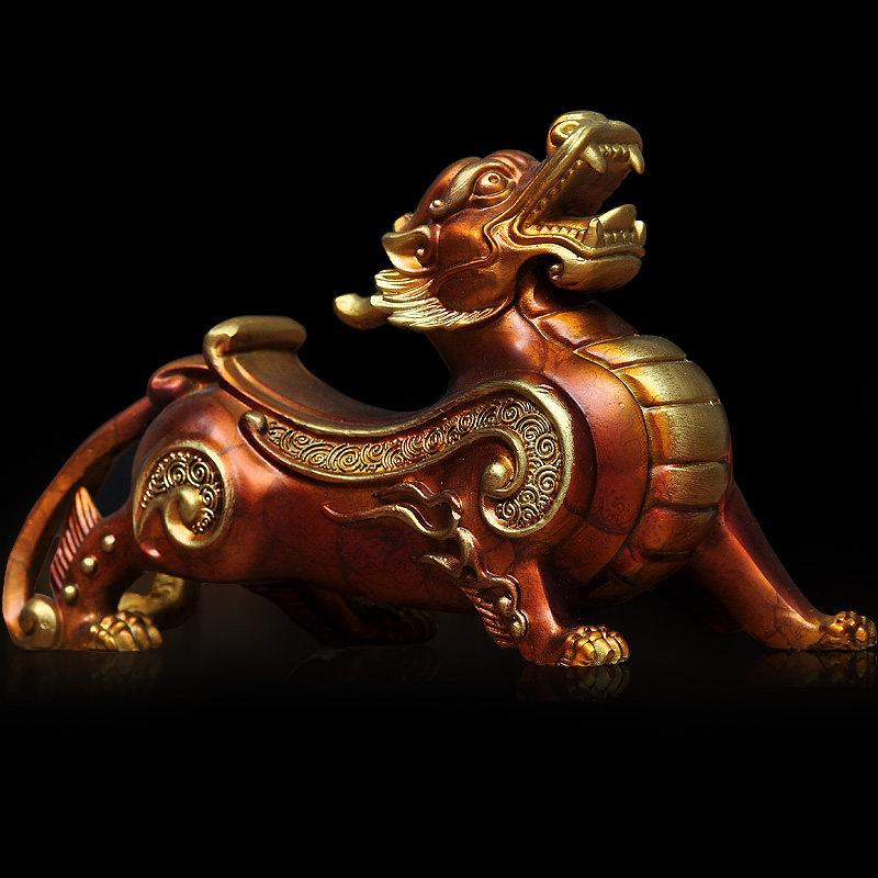 纯铜皮丘貔貅招财摆件一对风水实木底座家用摆件
