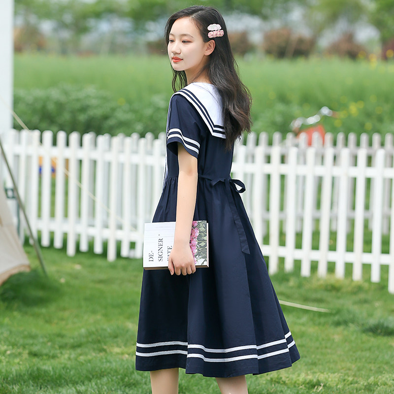 日系少女连衣裙学院风初中学生高中女生夏装jk海军领长款过膝裙子
