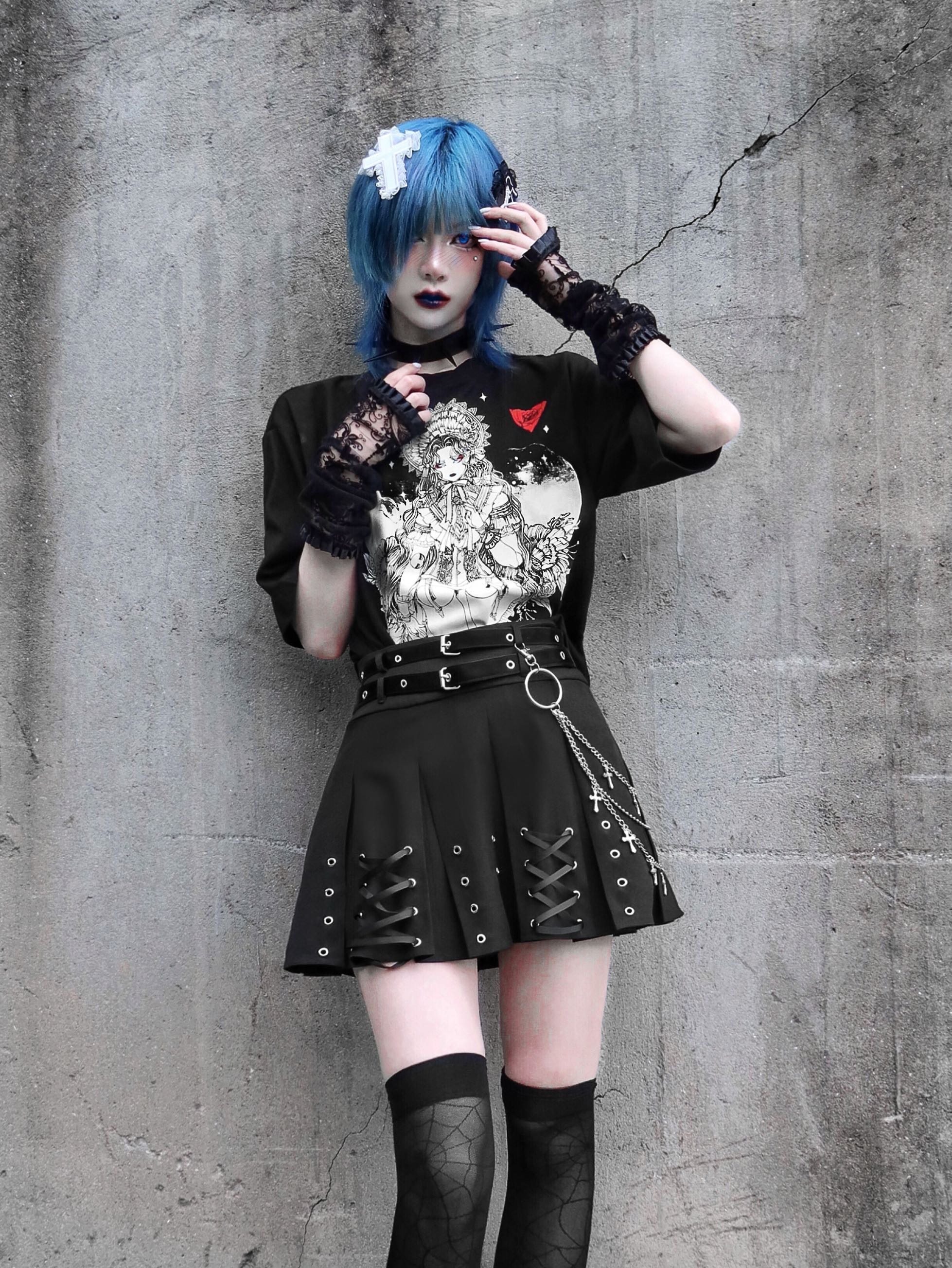 血液供给原创哥特少女朋克圆领印花宽松情侣t恤