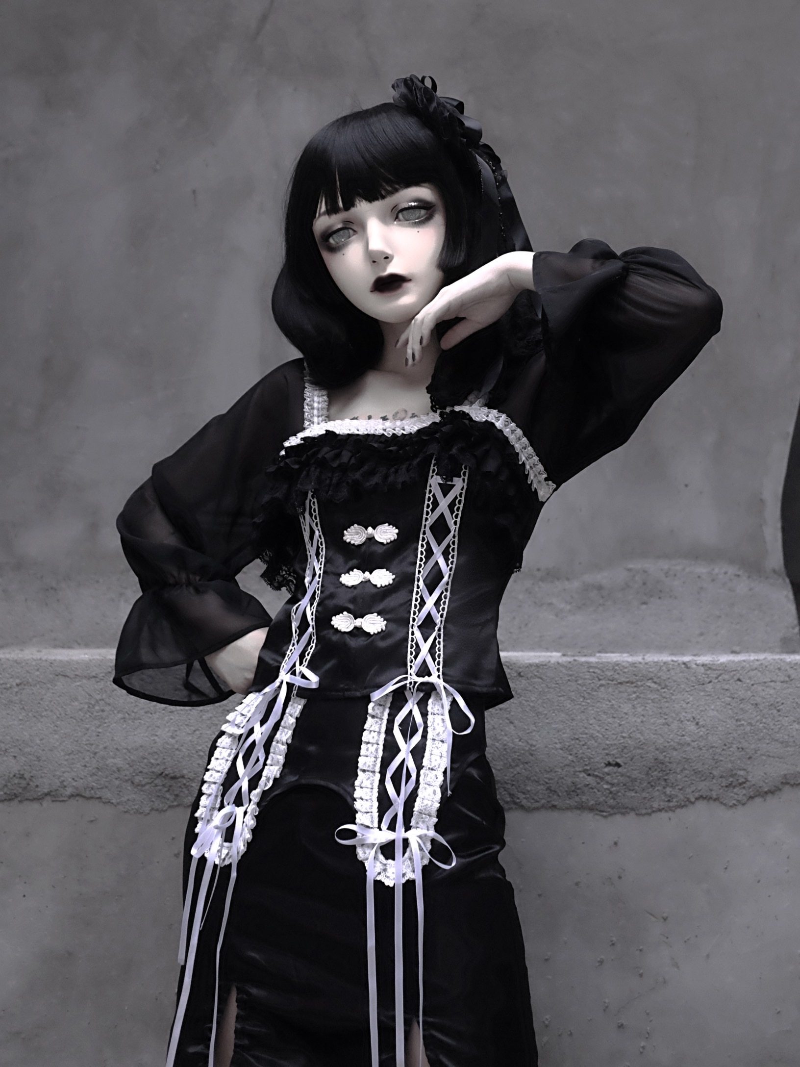 血液供给原创设计·抉对服从哥特女仆蕾丝绑带灯笼袖上衣女春夏