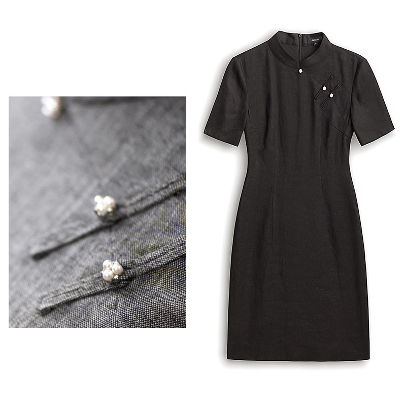 尘颜灰色舒适亚麻珍珠钻扣改良旗袍修身遮肚a字连衣裙g661