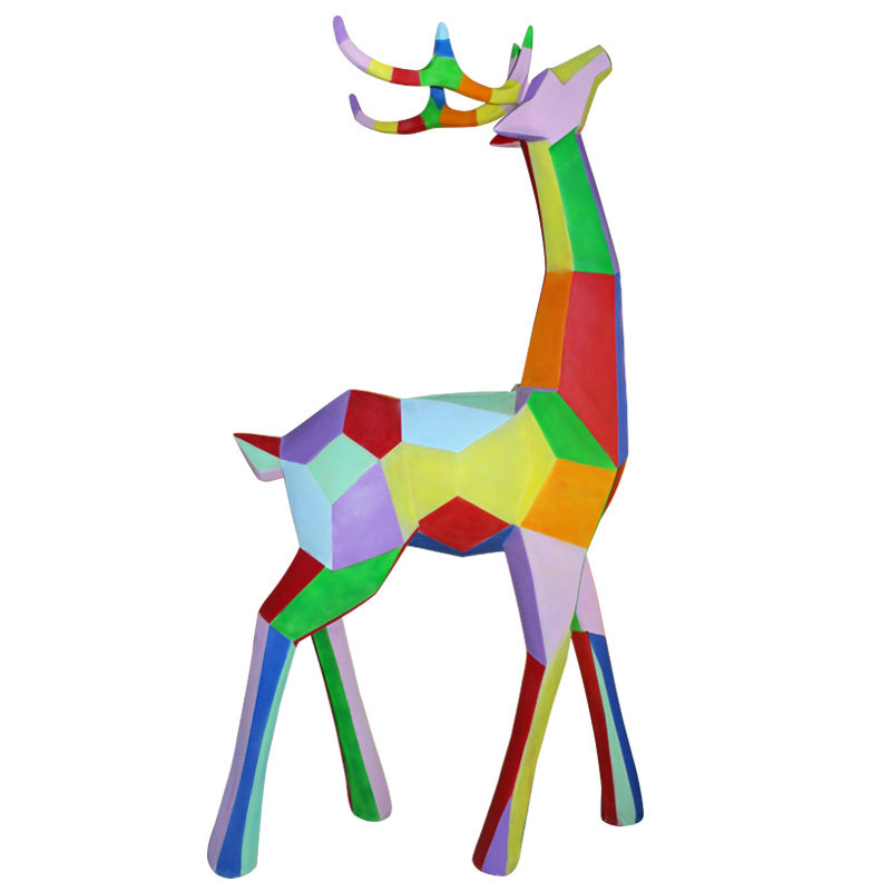 游乐园景观仿真梅花鹿摆件几何抽象玻璃钢雕塑七彩块面发光鹿美陈