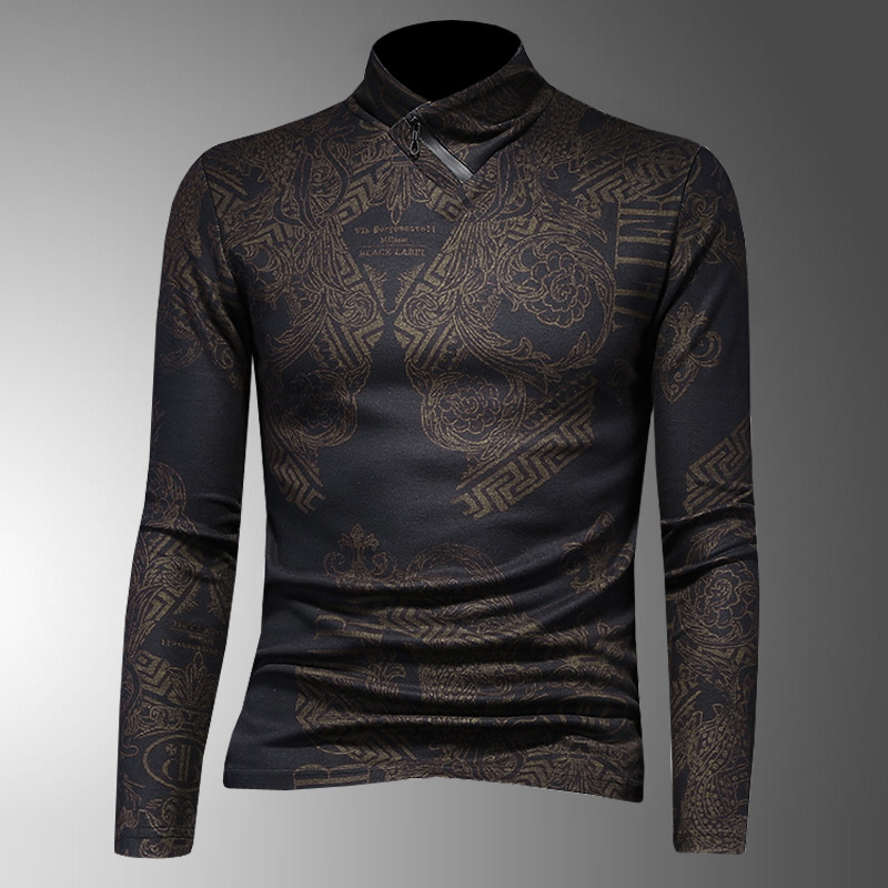 交叉半高领打底衫男个性拉链印花秋冬加厚长袖t恤修身内搭体恤潮T