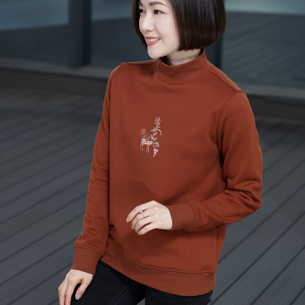 高领黑色加绒加厚卫衣女秋冬套头简约中年宽松卫衣