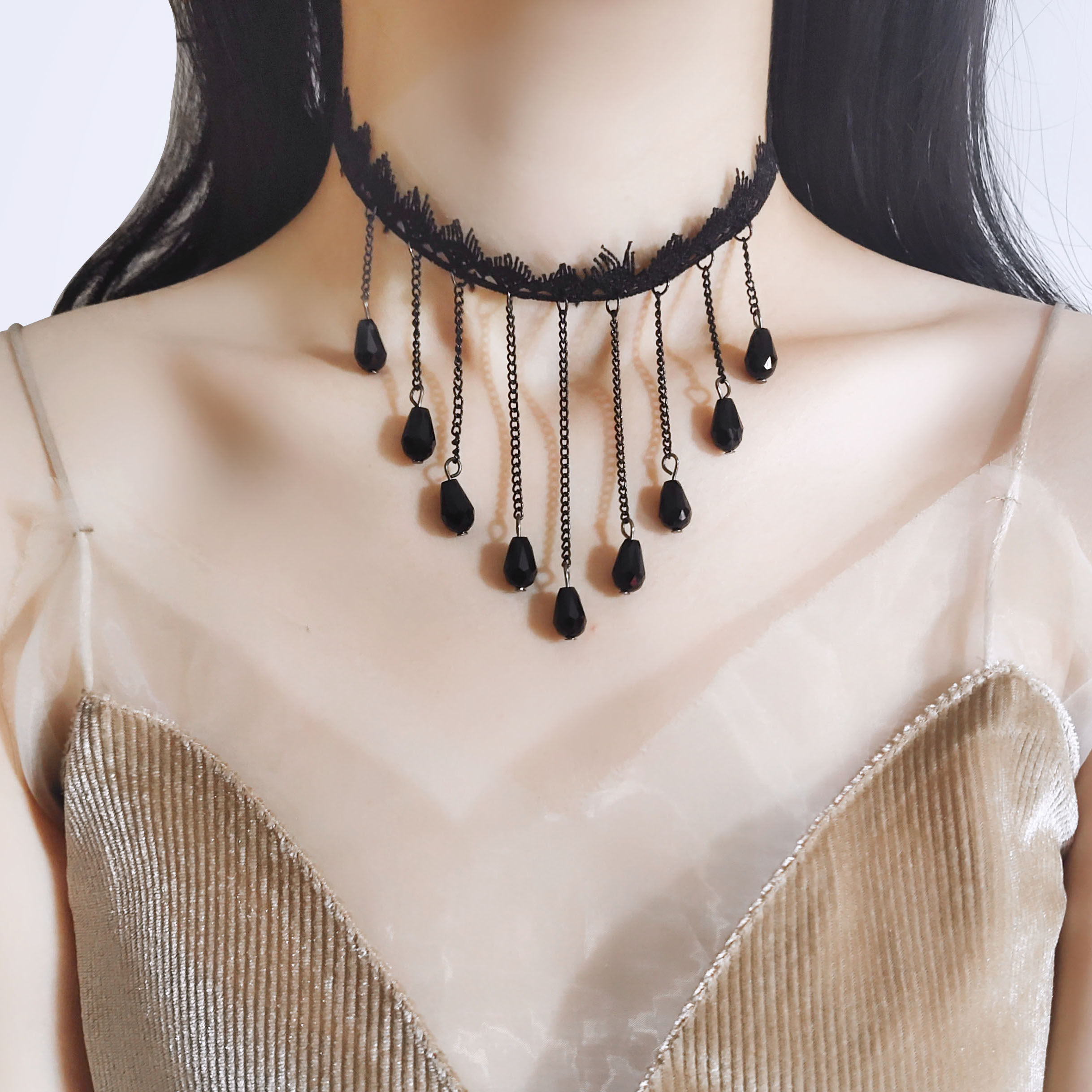 性感黑色蕾丝宽颈链项链韩国时尚百搭脖子人造水晶吊坠项圈颈带女