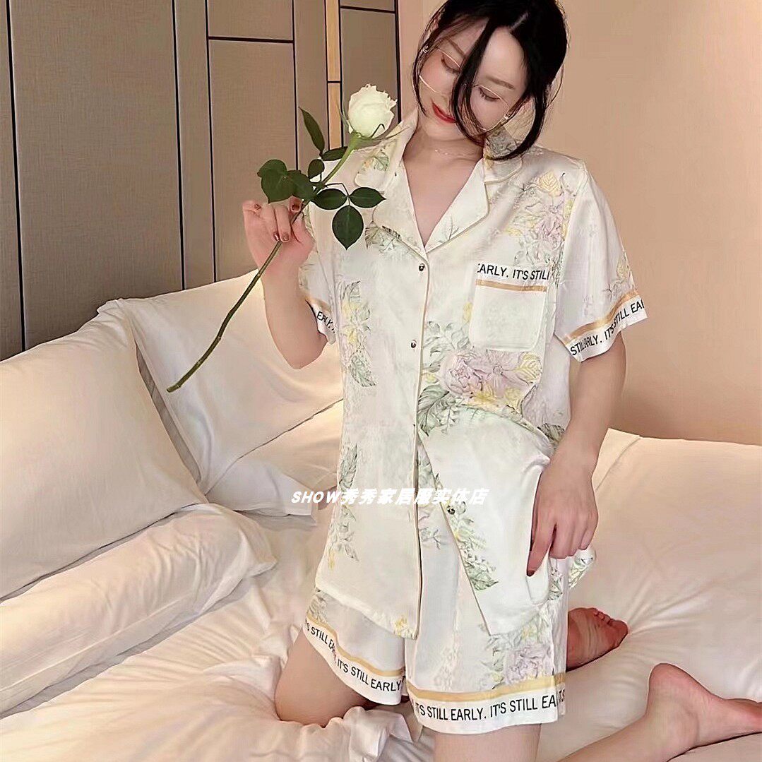 高端睡衣冰丝绸缎暗纹珠光光亮西府海棠短袖睡衣