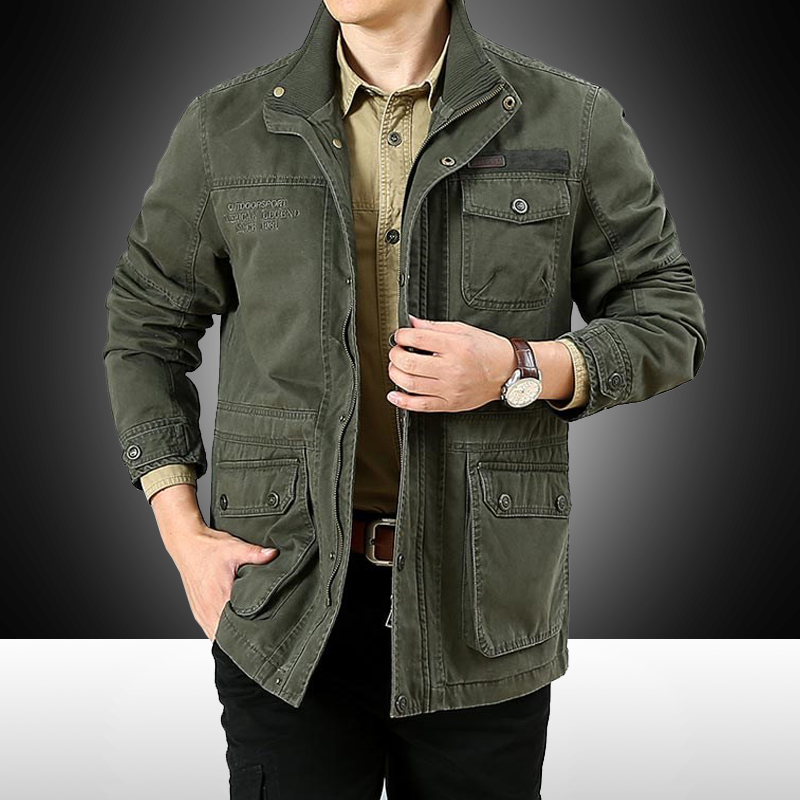 春季休闲夹克男纯棉立领宽松大码中年爸爸多口袋工装中长款外套男