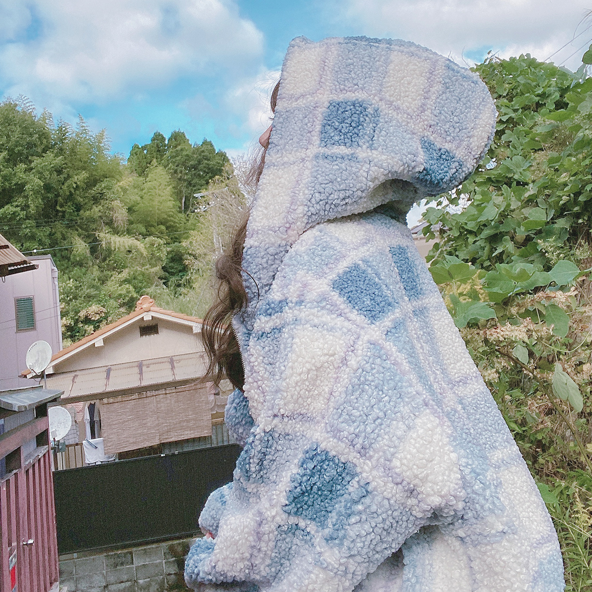 misscherry原创自制早春日系甜美白蓝格子羊羔卷棉服连帽宽松外套