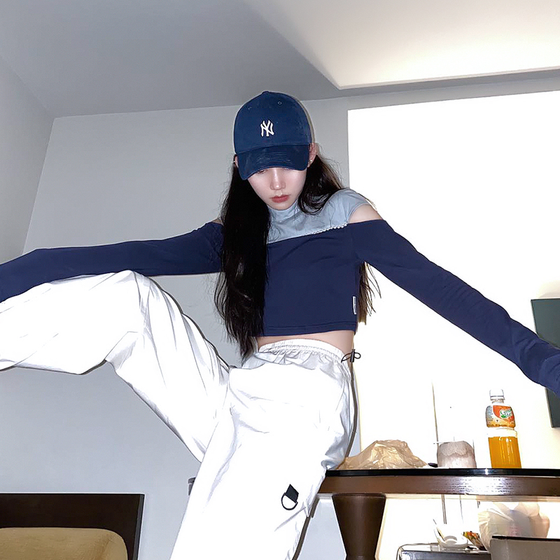 桥花露肩上衣拼接长袖T恤女外穿ins超火上衣春秋小高领打底衫百搭