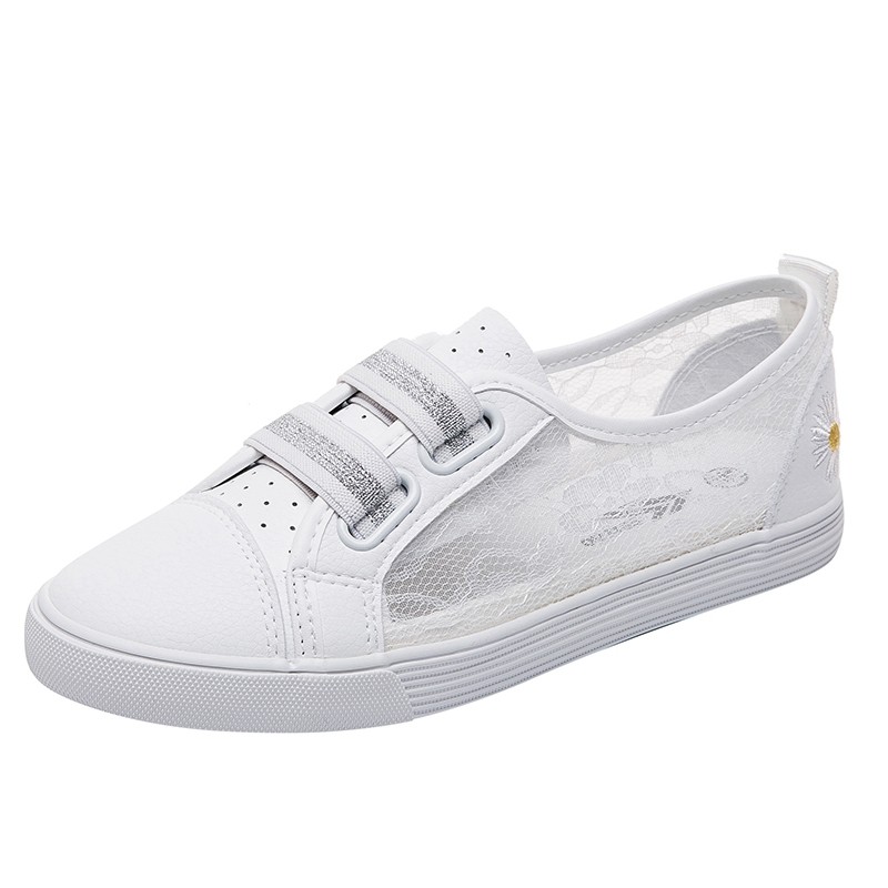 飞耀2022夏季蕾丝超纤皮小白鞋小雏菊韩版平底一脚帆布鞋