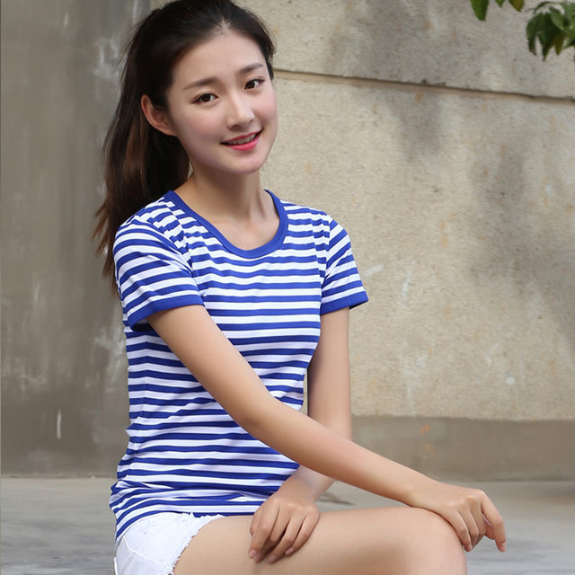 Summer sea soul shirt short-sleeved t-shirt women's blue and white stripes pure cotton round neck slim fit couple models parent-child half sleeves Summer sea soul shirt short-sleeved t-shirt women's blue and white stripes pure cotton round neck slim fit couple models parent-child half sleeves