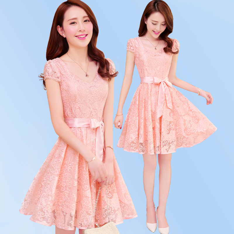 一字肩蕾丝连衣裙女夏2017喇叭袖露肩一字领淑女粉色甜美中长款裙 去