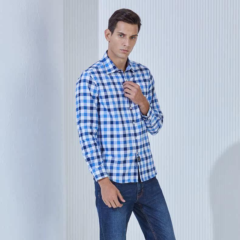 sbprc圣大保罗专柜正品男式休闲衬衣全棉格子长袖衬衫